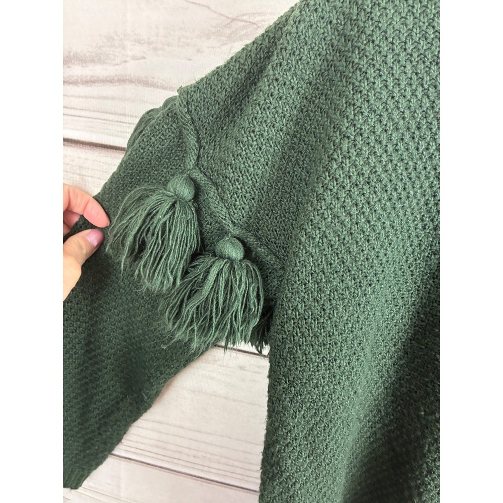 Mud Pie Green Textured Knit Tassel Sleeve Sweater Womens Medium Pullover - Picture 3 of 7